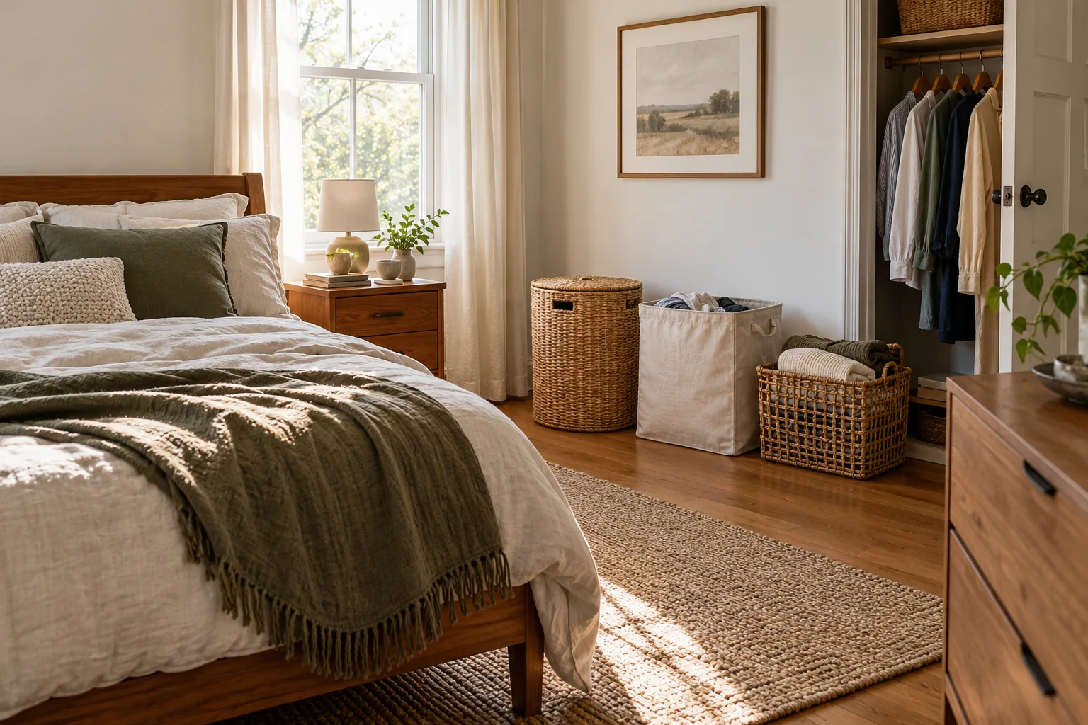 Calm bedroom storage with frequently used items within reach
