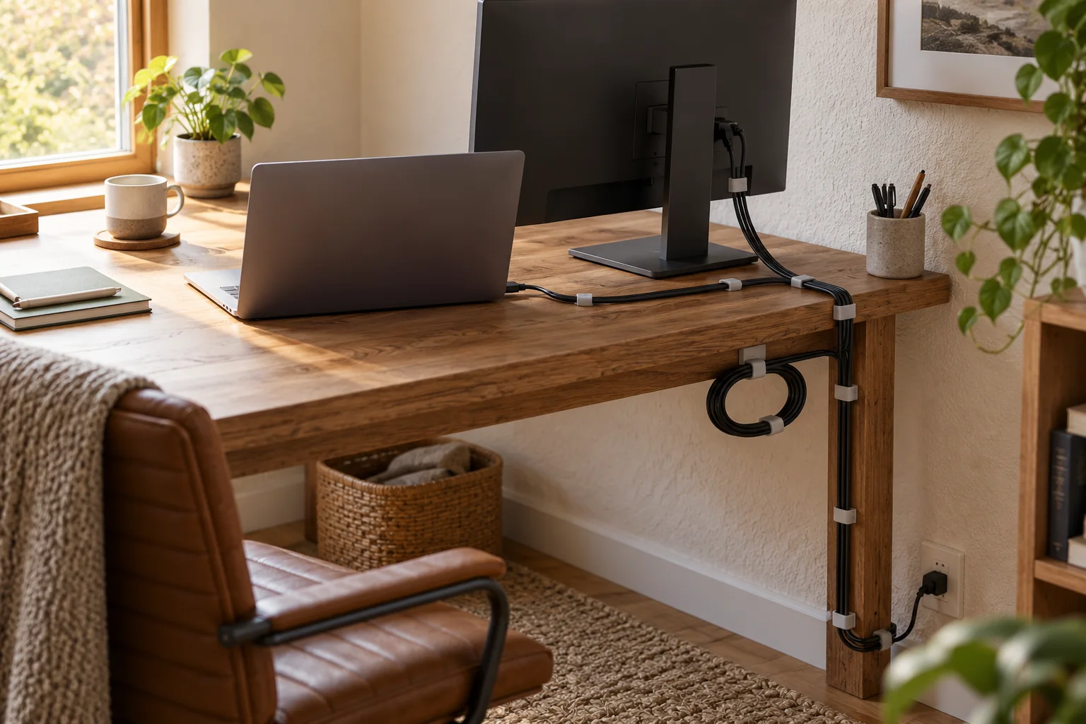 Organized home technology with clear cable paths and accessible controls