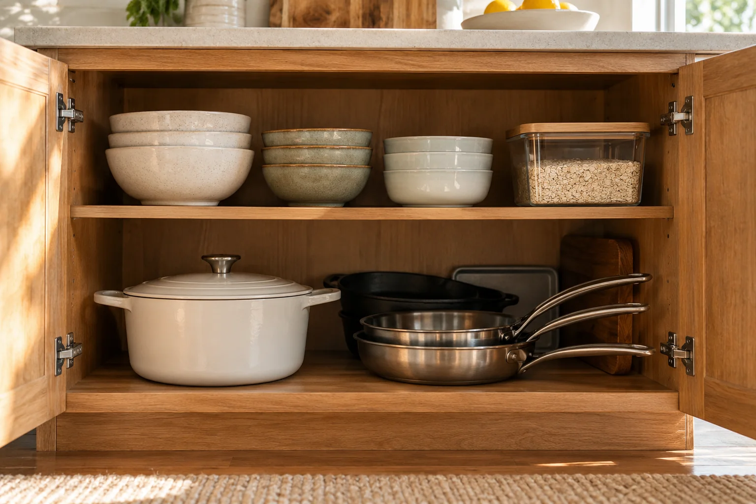 Organized kitchen storage with cookware sized for everyday use