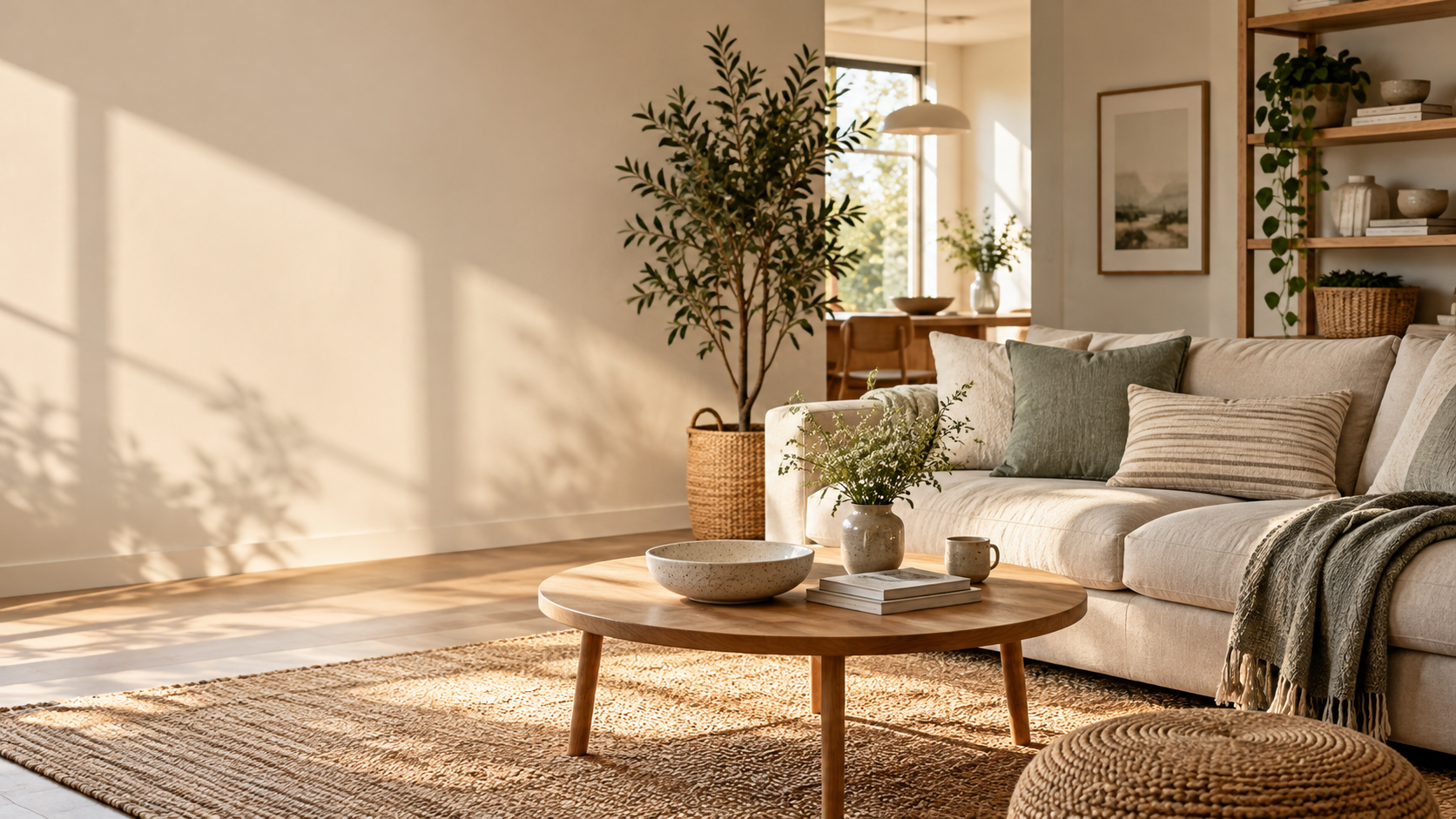 Layered neutral home textiles in a softly lit room